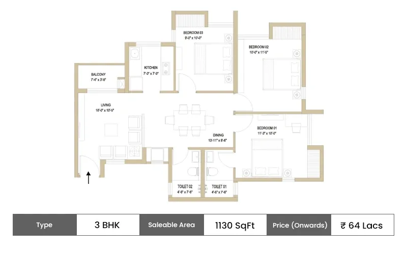 DTC Sojon 3 BHK Smart floor plan, 1130 sq ft carpet area