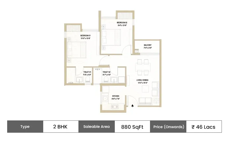 DTC Sojon 2 BHK Smart floor plan, 880 sq ft carpet area
