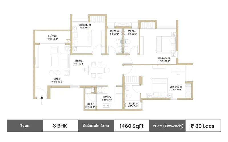DTC Sojon 3 BHK Premium floor plan, 1460 sq ft carpet area