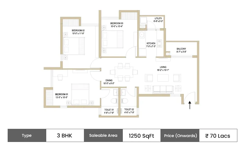 DTC Sojon 3 BHK Large floor plan, 1250 sq ft carpet area