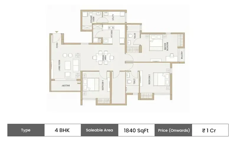DTC Sojon 4 BHK floor plan, 1840 sq ft carpet area