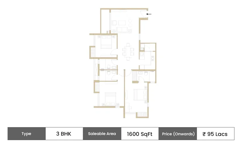 DTC Sojon 3 BHK Simplex floor plan, 1600 sq ft carpet area