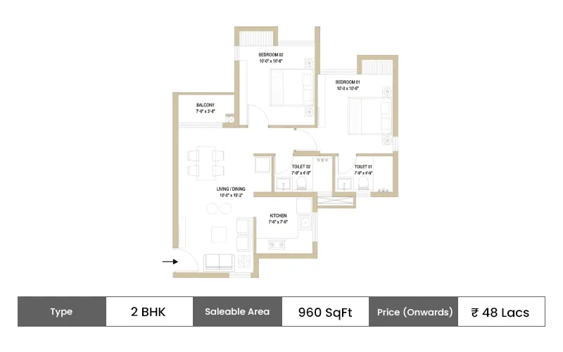 DTC Sojon 2 BHK Large floor plan, 960 sq ft carpet area
